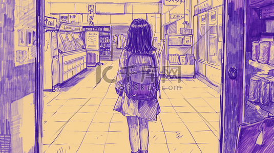 便利店卖货插画图片_手绘彩色便利店外女孩背包的插画1