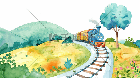 彩色手绘绘画户外景色小火车的插画15