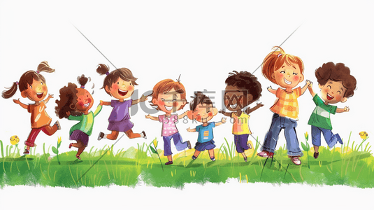 开心gif表情包插画图片_彩色手绘户外草坪草地儿童开心玩耍插画1