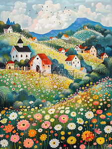 乡村的花和房子春天插画设计