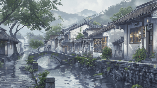 黑插画图片_江南古镇建筑春景插画2