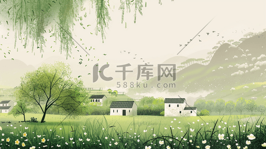 春天绿色江南风景风光河边树木的插画7