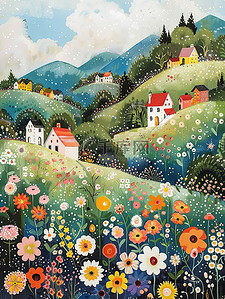 乡村的插画图片_乡村的花和房子春天插画海报
