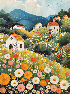 乡村的插画图片_乡村的花和房子春天插画素材