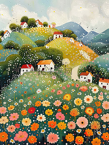 乡村的插画图片_乡村的花和房子春天插画
