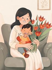 妈妈和孩子插画图片_妈妈抱着一束鲜花和孩子矢量插画