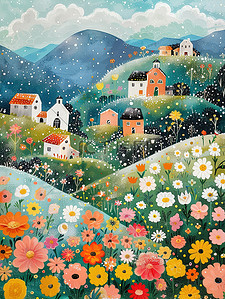 乡村的花和房子春天插画海报