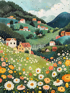 乡村的花和房子春天矢量插画