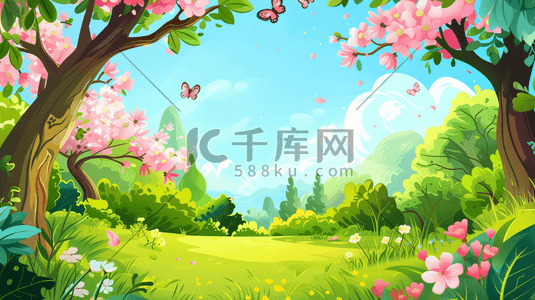 维族女孩卡通插画图片_简约卡通绿色森林树木花朵的插画2