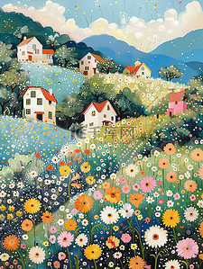 乡村的插画图片_乡村的花和房子春天图片