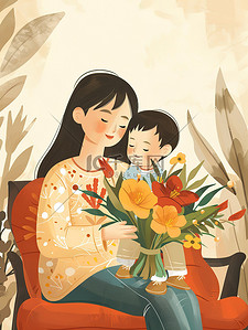 妈妈和孩子插画图片_妈妈抱着一束鲜花和孩子插画图片