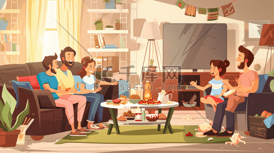 彩色绘画卡通室内一家人开心聊天的插画4