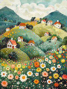 乡村的花和房子春天插画设计