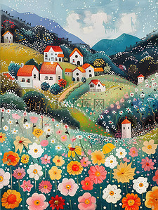 乡村的花和房子春天插图