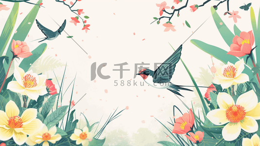 1质感插画图片_彩色春天绘画艺术花朵景色燕子的插画1