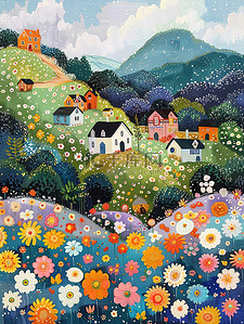 乡村的插画图片_乡村的花和房子春天插画图片