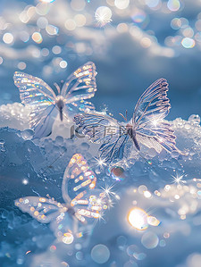 冰插画图片_冰蓝色蝴蝶在干净的雪地上素材