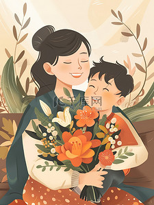 妈妈抱着一束鲜花和孩子原创插画