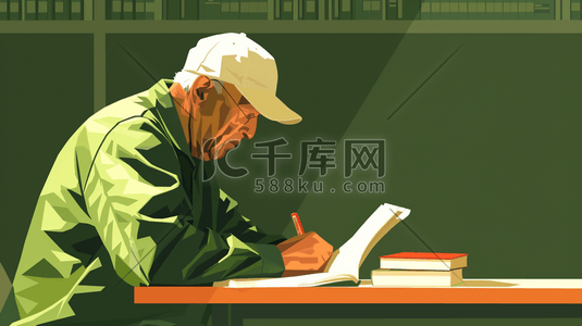 外国人男插画图片_绿色场景手绘外国工人工作看书的插画5