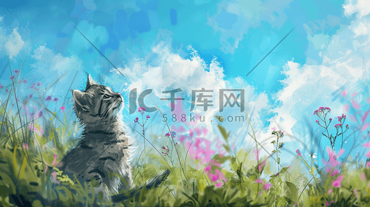 小猫打架插画图片_花丛中玩耍嬉戏的小猫插画1