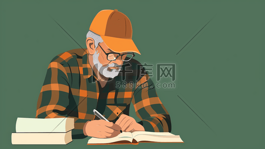外国人男插画图片_绿色场景手绘外国工人工作看书的插画3