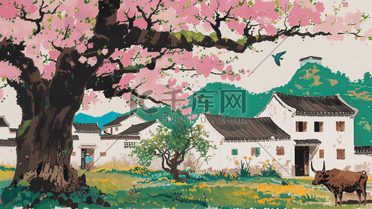 绿岛红梅风景插画图片_美丽乡村田野风景插画2