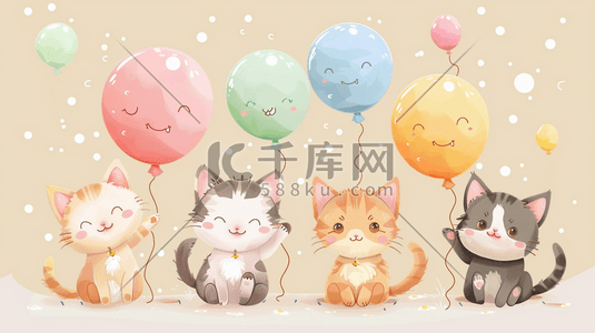 彩色气球水彩插画图片_彩色水彩可爱猫咪气球的插画1
