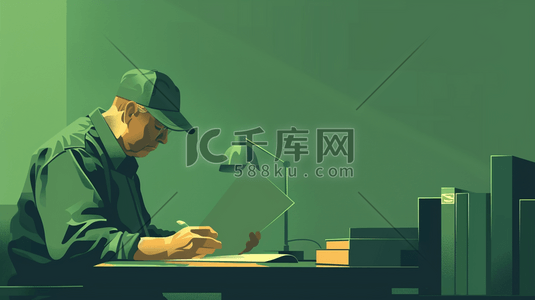 外国人男插画图片_绿色场景手绘外国工人工作看书的插画13