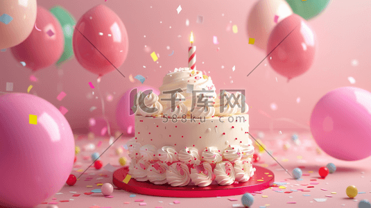 彩带插画图片_粉蓝色生日蛋糕气球彩带惊喜的插画15