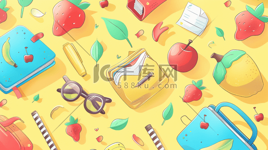 眼镜设计插画图片_黄色扁平化卡通书本水果食物的插画2