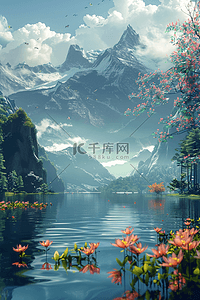 山川手绘插画图片_湖泊山川手绘插画海报风景