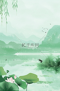 低垂柳树燕子湖泊清明节手绘海报矢量插画