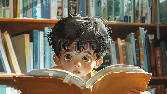 手绘男孩插画图片_彩色手绘男孩读书看书的插画1