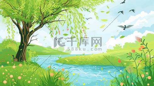 手绘春天户外风景区树木河水小鸟的插画10