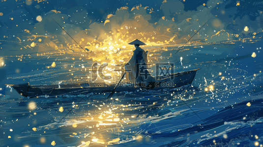 深蓝色梦幻江边江面上独自撑船的插画2