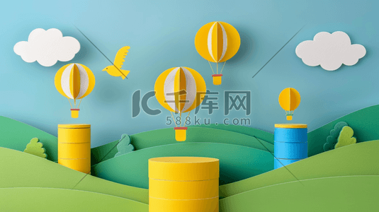黄色的热气球插画图片_彩色扁平化简约清新热气球风景的插画6