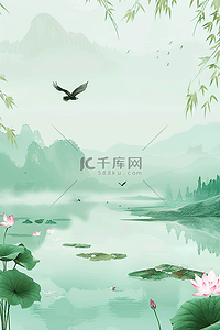 清明节海报插画图片_低垂柳树燕子湖泊手绘清明节海报图片
