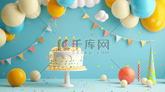 彩带插画图片_粉蓝色生日蛋糕气球彩带惊喜的插画4