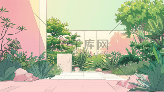 彩色手绘庭院里花草树木茶台的插画1