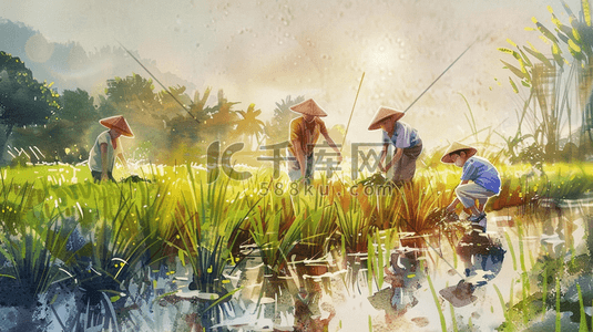 农民挠头插画图片_水彩绘画田地里农民儿童种水稻的插画11