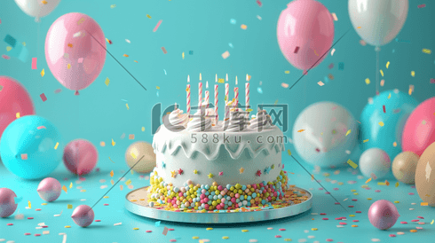 粉蓝色生日蛋糕气球彩带惊喜的插画19