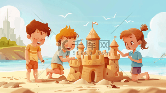 蓝天白云下儿童沙滩上堆城堡的插画12