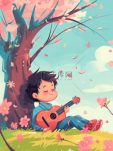 手绘樱花树插画图片_春天男孩弹吉他手绘樱花树插画海报