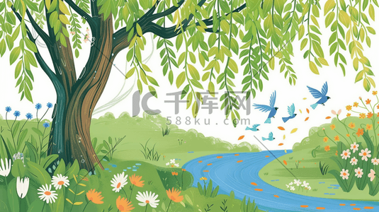 手绘春天户外风景区树木河水小鸟的插画7