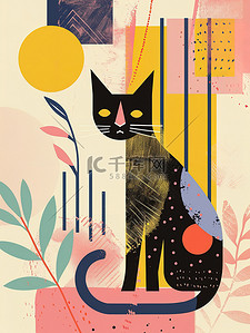 抽象曲线几何线条插画图片_春天艺术可爱的猫的几何平面插画素材