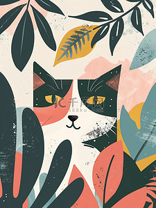 几何方框插画图片_春天艺术可爱的猫的几何平面素材