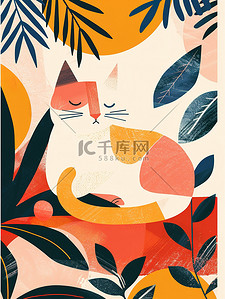 浅色几何插画图片_春天艺术可爱的猫的几何平面插画