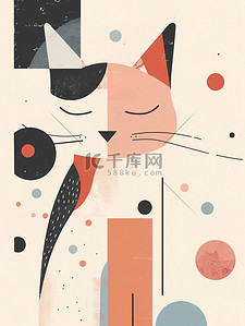 活泼波点几何插画图片_春天艺术可爱的猫的几何平面插画素材