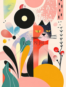 几何圆形边框插画图片_春天艺术可爱的猫的几何平面插画图片
