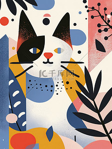 浅色几何插画图片_春天艺术可爱的猫的几何平面插图
